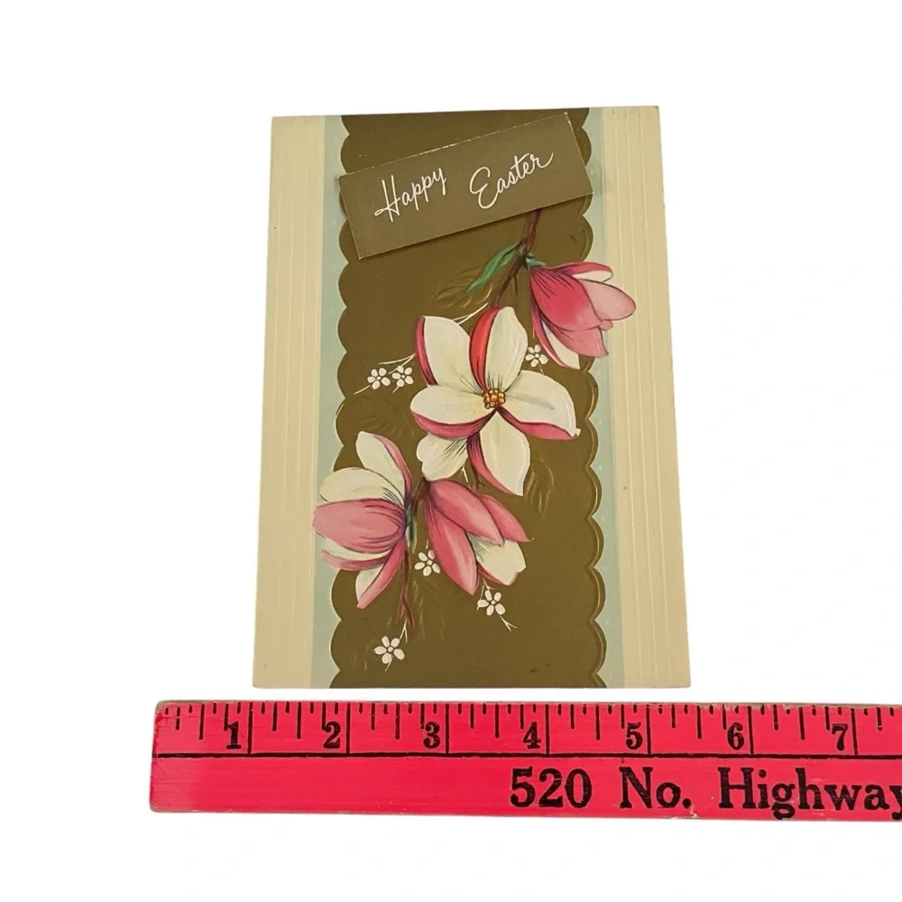 Unused Vintage Easter Greeting Card Pink White Flowers Gold Quaint Shop Original